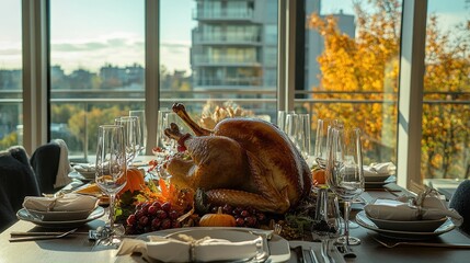 Wall Mural - Elegant Thanksgiving Feast Overlooking Autumn Cityscape