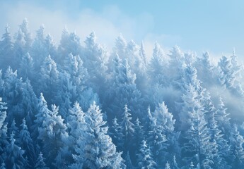 Wall Mural - A large group of trees covered in snow and fog. AI.