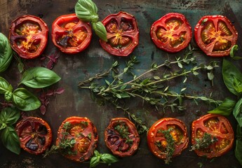 Wall Mural - Tomatoes with herbs on a metal surface. AI.