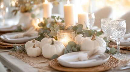 Poster - Cozy Autumn Table Setting with White Pumpkins and Candlelight