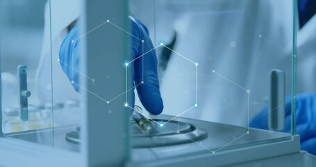 Wall Mural - animation of network of connections over caucasian male scientist working in lab