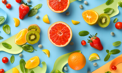 Wall Mural - fruits and vegetable herbal concept  for background or 2d illustrator cartoon.