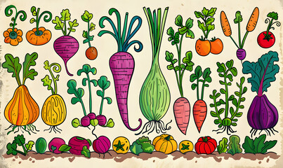 Wall Mural - fruits and vegetable herbal concept  for background or 2d illustrator cartoon.