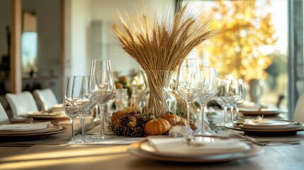 Wall Mural - Elegant Autumn Table Setting with Wheat Sheaf and Pumpkins