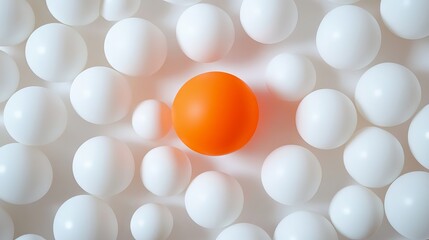 Wall Mural - Single orange ping pong ball standing out among white balls on a clean white background, showcasing contrast and minimalistic design