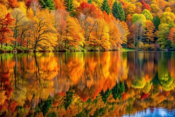 Wall Mural - Reflection of the autumn forest in the water, environment, forest, scenic, nature, colorful, peaceful, stillness, landscape,autumn, serene, outdoors, mirrored, natural, water, reflection