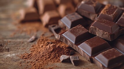 Pieces of broken milk chocolate on a rustic wooden surface, surrounded by cocoa powder. The soft lighting adds warmth to the scene, emphasizing the details