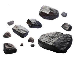  a group of small rocks scattered on a white background. There are nine rocks in total, arranged in a scattered manner.  in transparent background