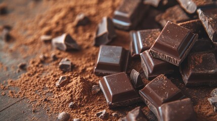 Close-up of broken chocolate squares, covered with cocoa powder, resting on a rustic table. The soft lighting creates a cozy, indulgent atmosphere