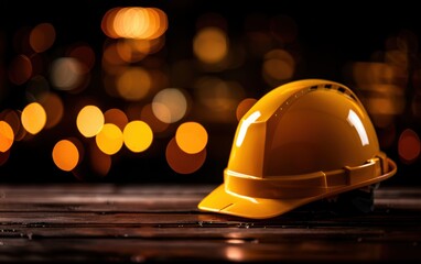 A close-up of a yellow hard hat on a wooden surface, illuminated by soft bokeh lights, representing safety and construction.