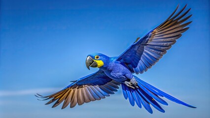 exotic, plumage, nature, worm's eye view, blue, beauty, vibrant, A stunning Hyacinth Macaw in vibrant blue plumage gracefully flies through the clear blue sky as seen from a worm s eye view