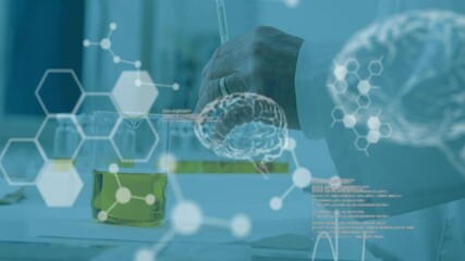 Wall Mural - animation of scientific data processing and human brains over caucasian male scientist in laboratory