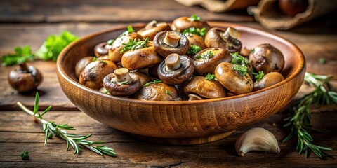 Wall Mural - healthy, ceramic bowl, recipe, macro, culinary, natural, vegan, gourmet, thyme, vegetarian, A close up shot of roasted champignons with a sprinkle of thyme in a rustic ceramic bowl