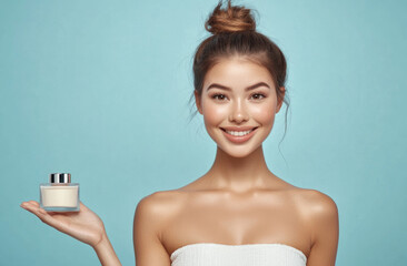 Wall Mural - A beautiful woman with brown hair in an elegant bun, smiling and looking at the camera while holding out her hand to appear cream or serum on it.