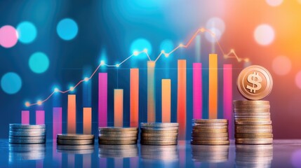 Financial Growth with Stacked Coins and Upward Arrow Trend Chart