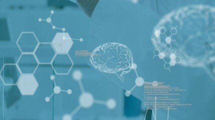 Wall Mural - animation of scientific data processing and human brains over caucasian male scientist in laboratory