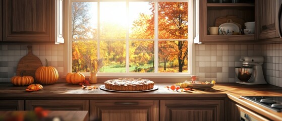 Poster - Cozy Autumn Kitchen with Pumpkins and Pie