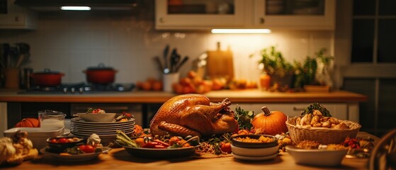 Wall Mural - Cozy Thanksgiving Feast Spread on Wooden Table