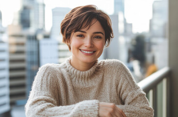 Wall Mural - a beautiful woman in her thirties sitting on a balcony, with short brown hair in a bob cut, a light smile, wearing a grey sweater, against a city background