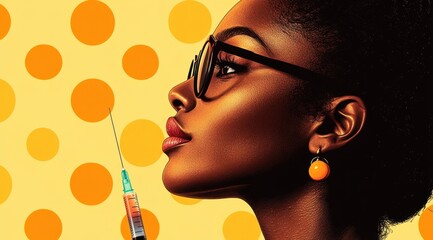 digital artwork featuring a stylized woman in profile wearing glasses, with a syringe in the foregro