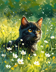 Wall Mural - Black Cat in a Field of Wildflowers