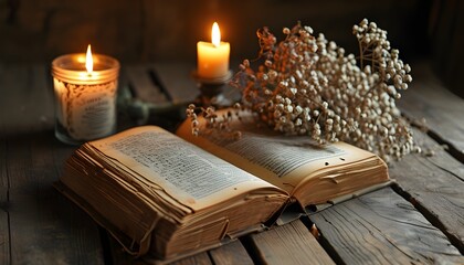 Whimsical still life of an antique book, flickering candlelight, and dried flowers on a rustic wooden table