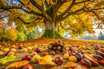 Wall Mural - Autumn woodland scene with chestnuts and colorful fallen leaves