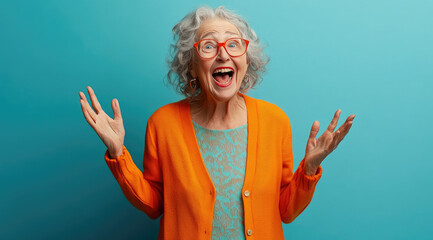 Canvas Print - An elderly woman with short gray hair, wearing glasses and an orange cardigan, stands against a blue background with her mouth open