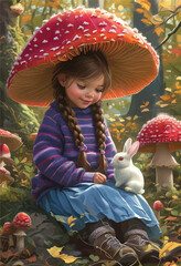 Wall Mural - Enchanted Forest: A Little Girl and Her Bunny Companion