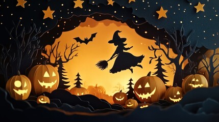 Spooky Halloween Landscape with Witch, Bats, and Carved Pumpkins