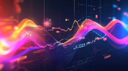 Dynamic glowing waves and transparent lines over a colorful graph showing business profits, set on a dark background