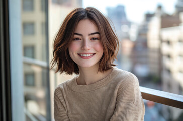 Wall Mural - a beautiful woman in her thirties sitting on a balcony, with short brown hair in a bob cut, a light smile, wearing a grey sweater, against a city background