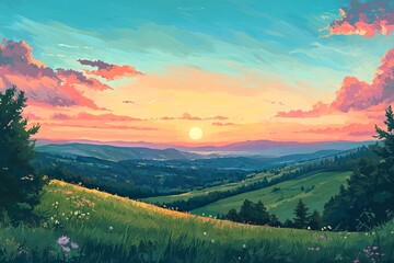 Wall Mural - A Scenic Overlook With A Breathtaking View Of Rolling Hills And A Warm Sunset. Cozy Vibe, Generative AI 