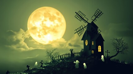 Wall Mural - Haunting Moonlit Windmill on a Spooky Halloween Night