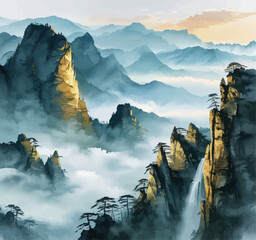 Misty Mountainscape with Waterfall and Clouds