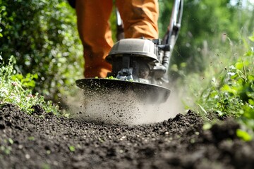 A person is using a leaf blower to clear leaves and debris from a path