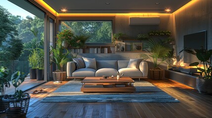 Wall Mural - Modern living room with large windows, comfortable sofa, and lush greenery.