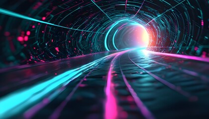 Illuminated abstract digital network featuring radiant lines leading towards a bright light in a tunnel