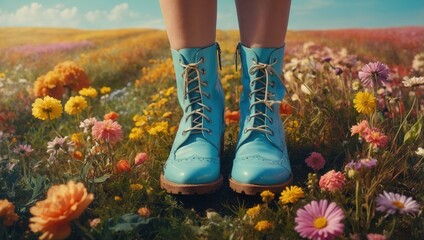 A woman is standing in a field of flowers wearing blue boots