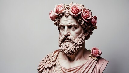 Wall Mural - A statue of a man with a pink flower crown on his head