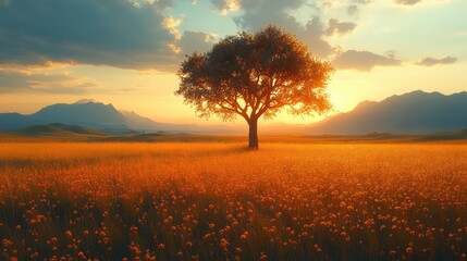 Sticker - Serene sunset landscape with a solitary tree and vibrant flowers.