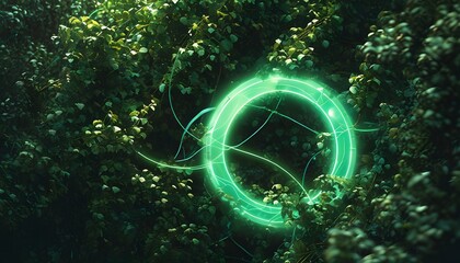 Canvas Print - Futuristic fusion of vibrant green circles and lines intertwined with rich foliage, symbolizing the harmony of nature and technology