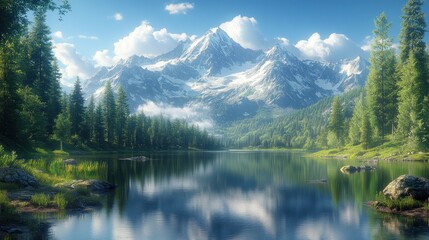 Poster - Serene mountain landscape with a reflective lake and lush greenery.