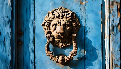 Majestic lion door knocker on a faded blue wooden door, showcasing intricate details and weathered charm