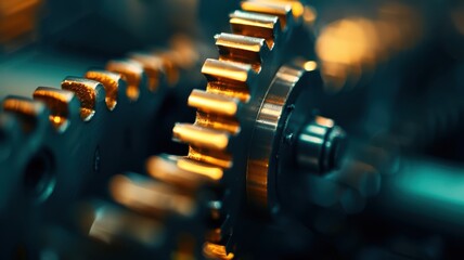 Close-up view of a shiny golden gear in a mechanical system, showcasing precision engineering and industrial design aesthetics.