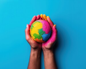 Colorful hands holding a vibrant earth, symbolizing unity, creativity, and environmental awareness on a bright blue background.