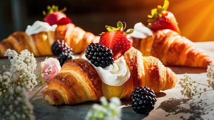 Yummy fresh croissants with berries and cream in the morning