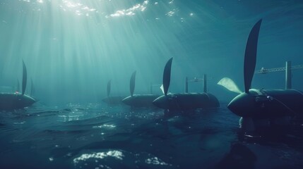 Wall Mural - Innovative floating tidal energy farm with underwater turbines