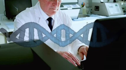 Wall Mural - Animation of dna strand over caucasian male scientist using computer