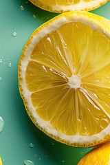 Fresh lemon slice with vibrant yellow color on a turquoise background, showcasing juicy texture and refreshing appeal.